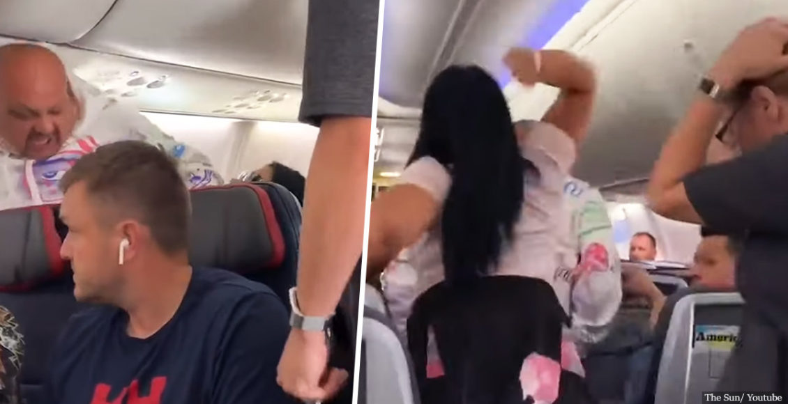 Furious airplane passenger breaks her partner's laptop over his head for looking at other women