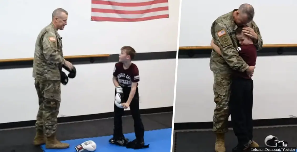Sergeant father surprises his blindfolded son at Taekwondo class in heartwarming reunion