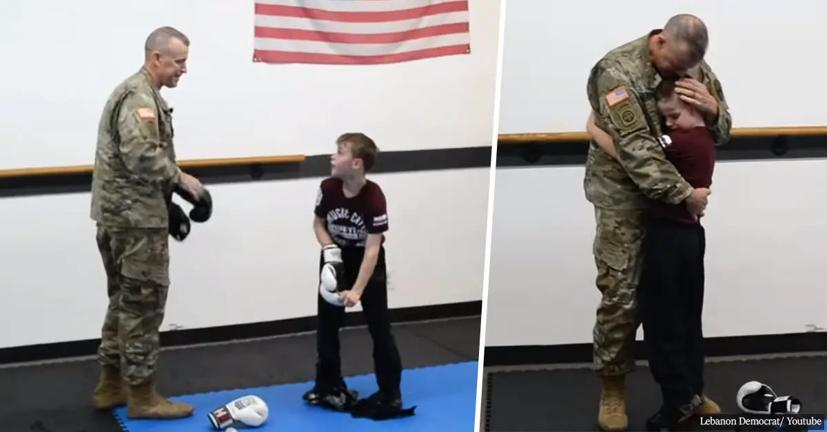 Sergeant father surprises his blindfolded son at Taekwondo class in heartwarming reunion