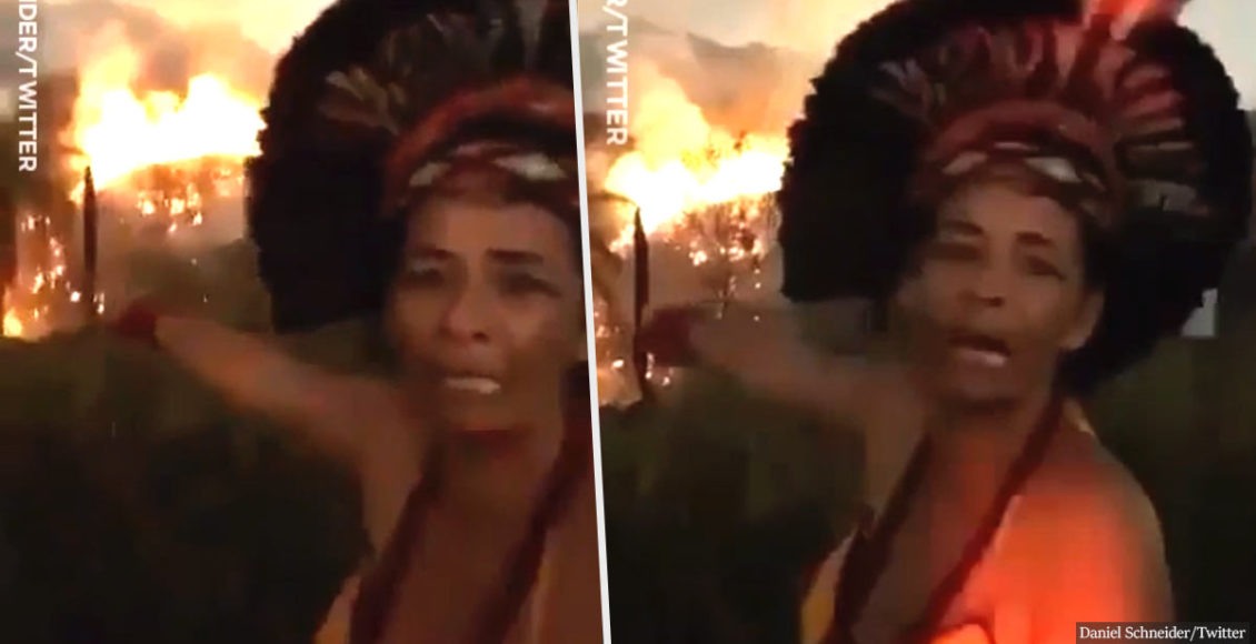 Devastated indigenous Brazilian woman conveys an emotional message as the Amazon rainforest burns
