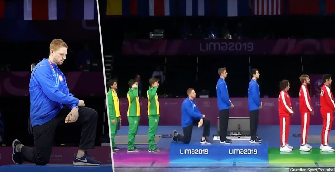 US fencing medalist takes a knee during the national anthem at the Pan Am Games