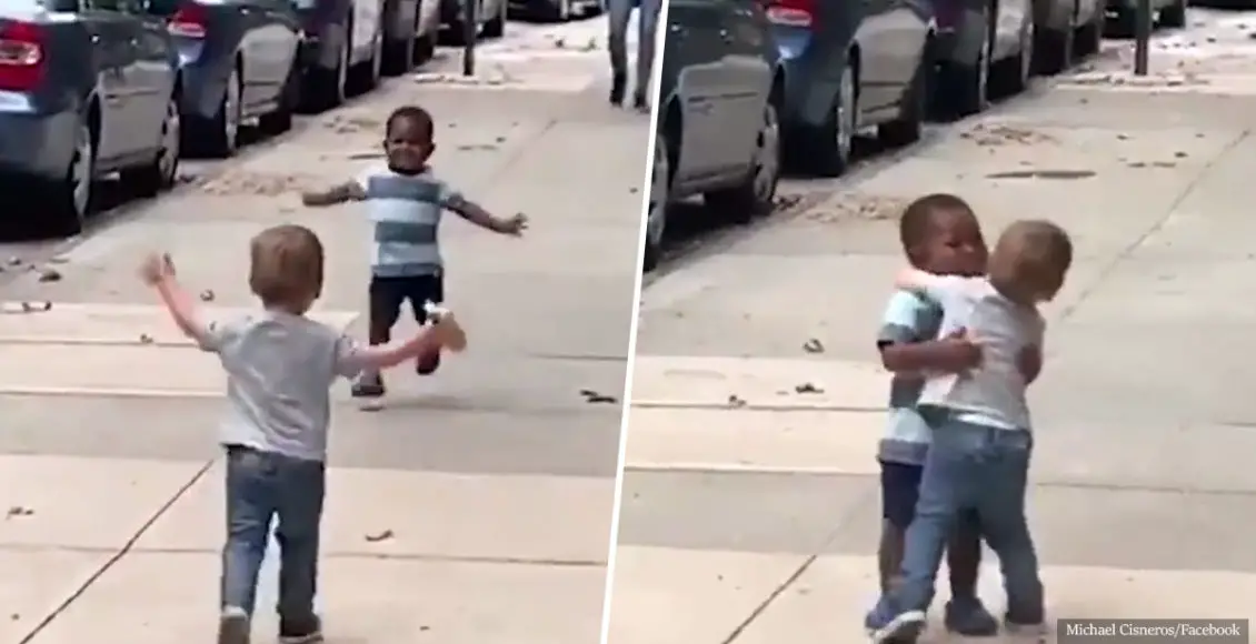 Two-year-old best buddies race in pursuit to hug each other after being apart for two whole days!