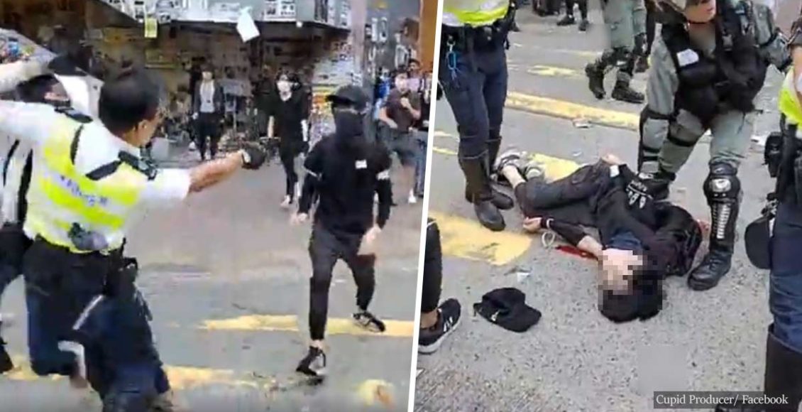 Hong Kong police officer shoots masked protester in shocking encounter broadcast on Facebook Live as chaos erupts at anti-Beijing protest