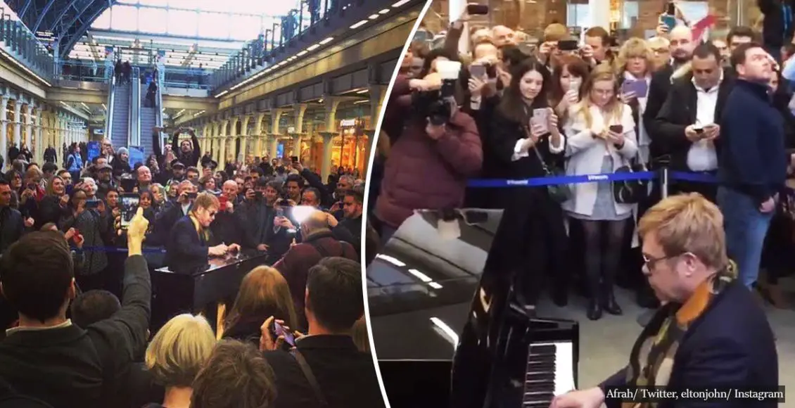 Elton John surprises people at a London’s International station with touching piano performance