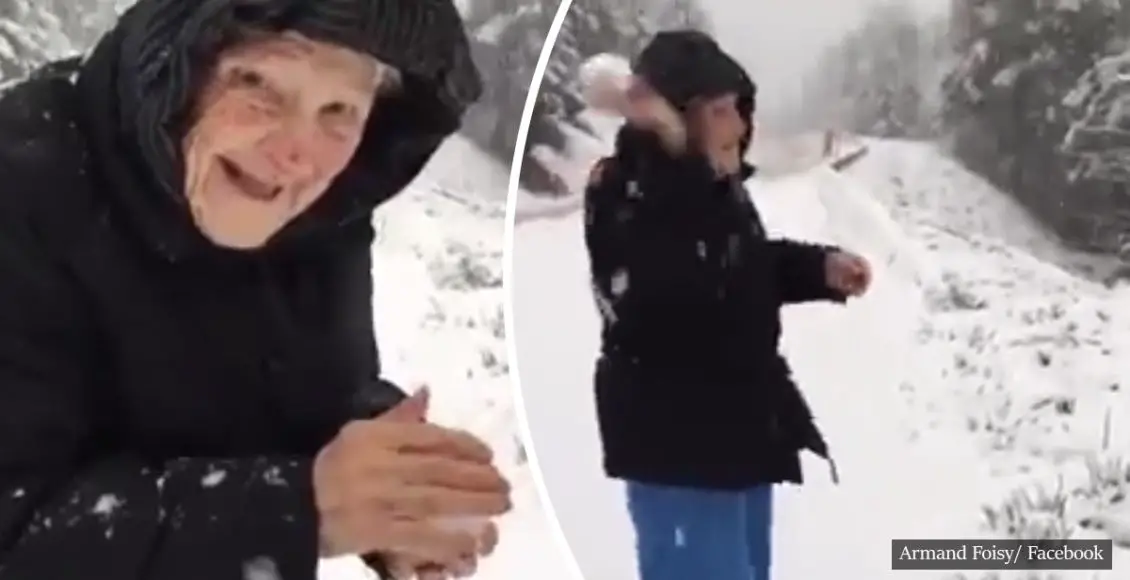 101-year-old mom asks her son to pull over so she can play in the snow