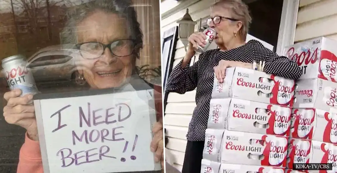 93-Year-Old Lady Gets 150 Cans Of Beer Delivered To Her Door After Holding Up 'I Need Beer' Sign
