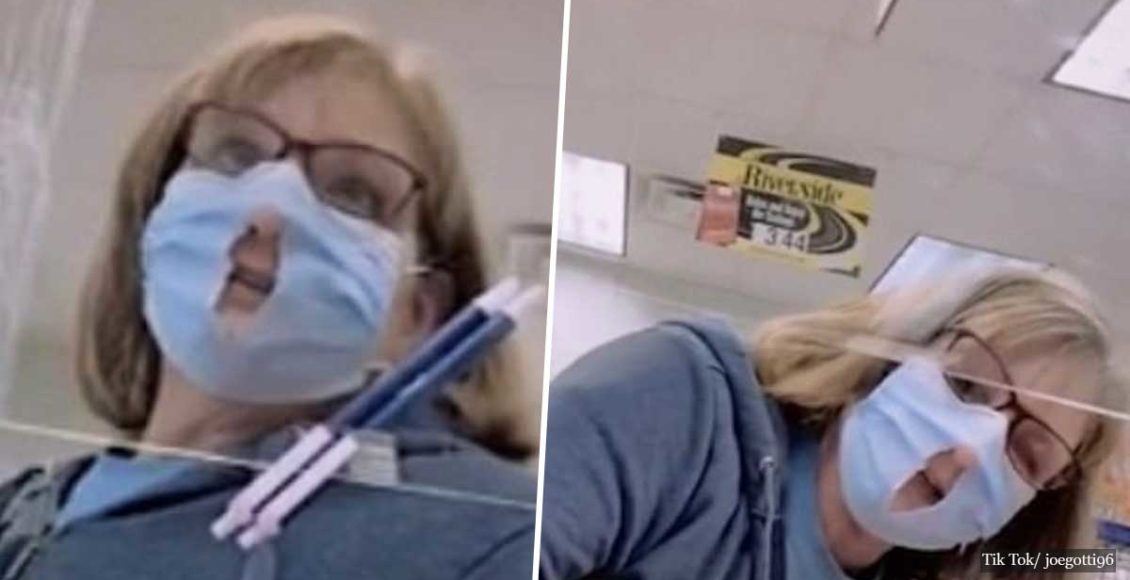 Covidiot explains she has cut a hole in her face mask because it 'makes it easier to breathe'