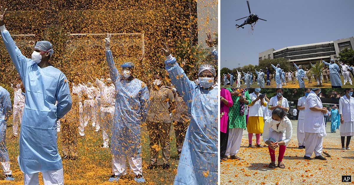 Helicopters shower rose petals upon healthcare workers as the Indian military pays tribute to the 'coronavirus warriors'