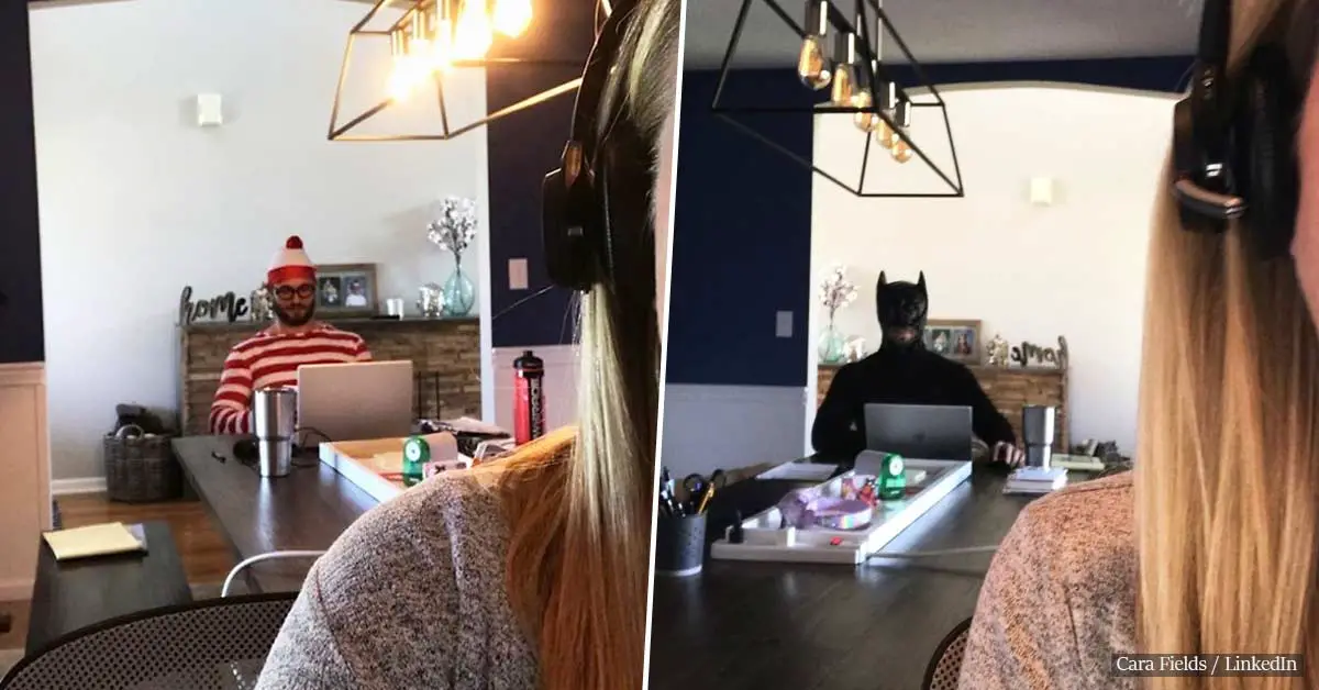 Husband Hilariously Photobombs His Wife's Online Work Meetings By Dressing Up In Silly Costumes