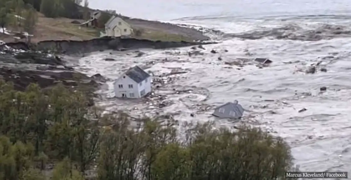 Moment Landslide Sweeps Eight Buildings Into The Sea In Norway As Chunk Of Land Disappears Underwater