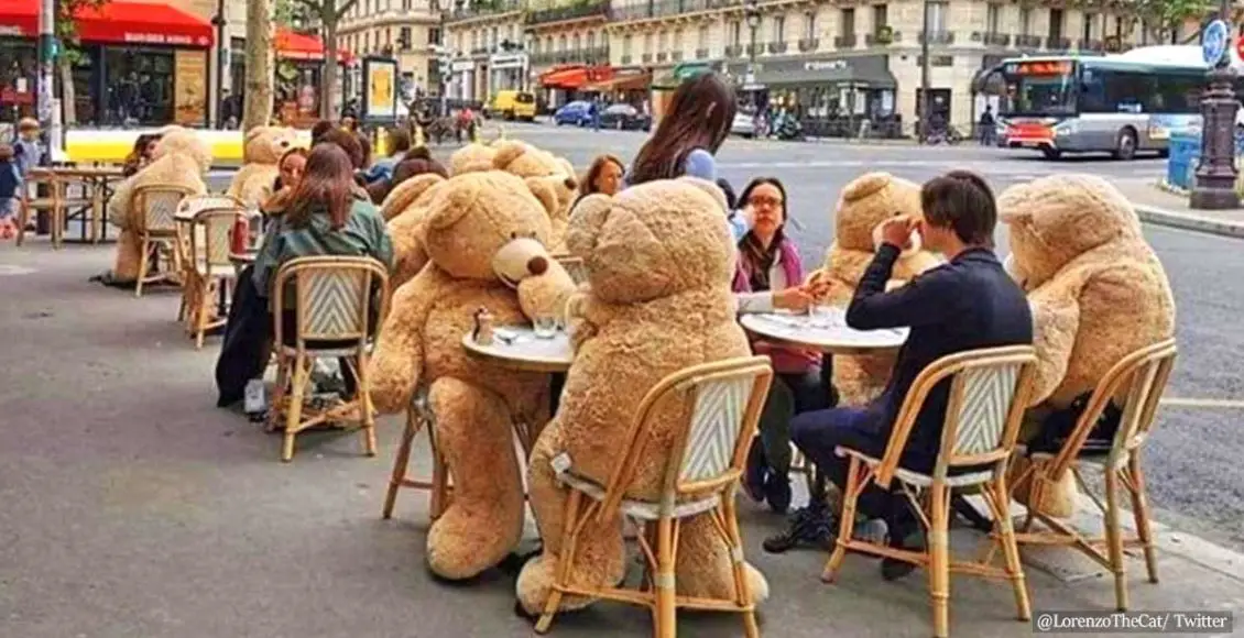 Giant teddy bears socially distance customers at a Paris cafe