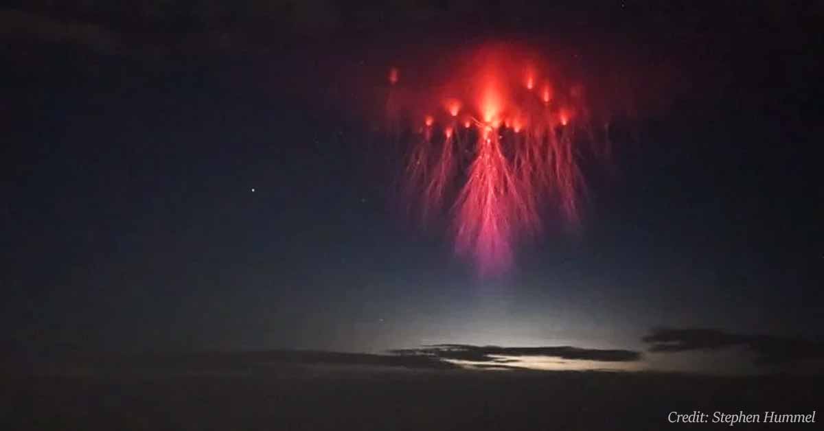 Glowing red tentacles of jellyfish-shaped lightning captured over Texas