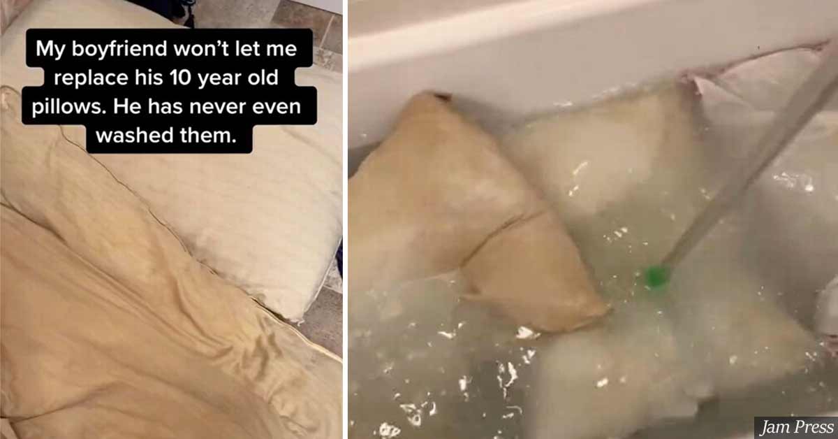Woman cleans boyfriend's filthy pillows which haven't been washed in 10 years