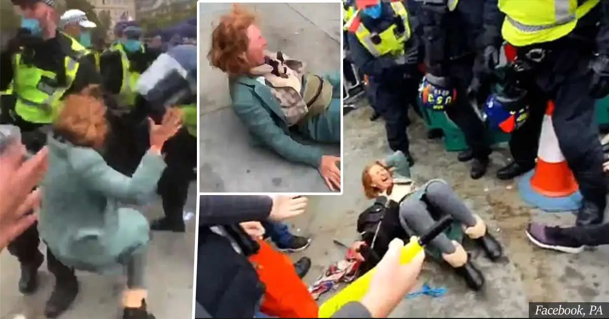 Woman shoved to the ground by police during an anti-lockdown protest in London
