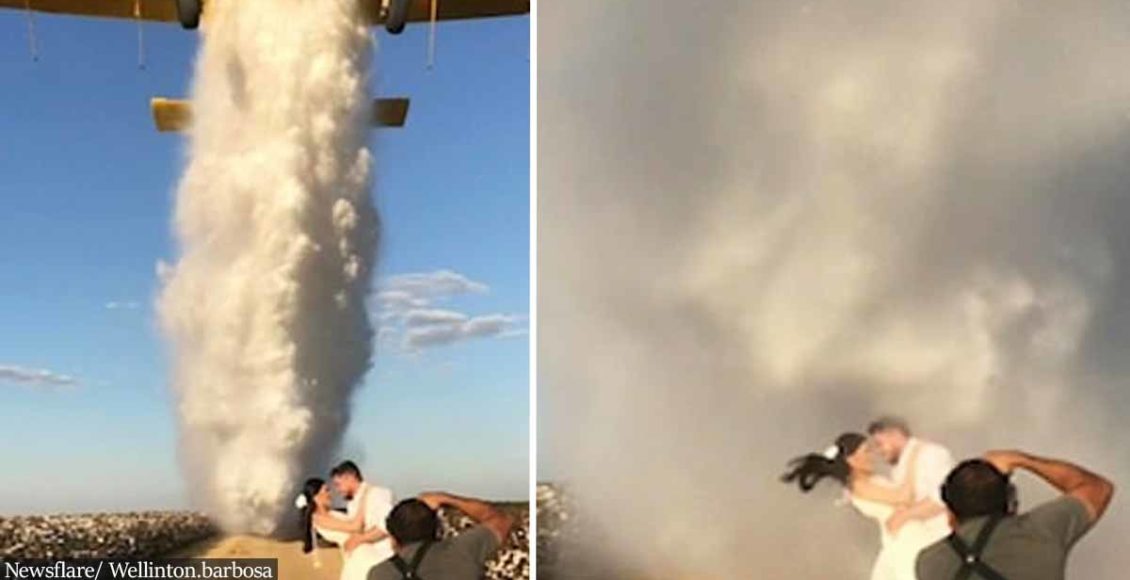 Newlyweds soaked after plane released huge column of water onto them during wedding photoshoot