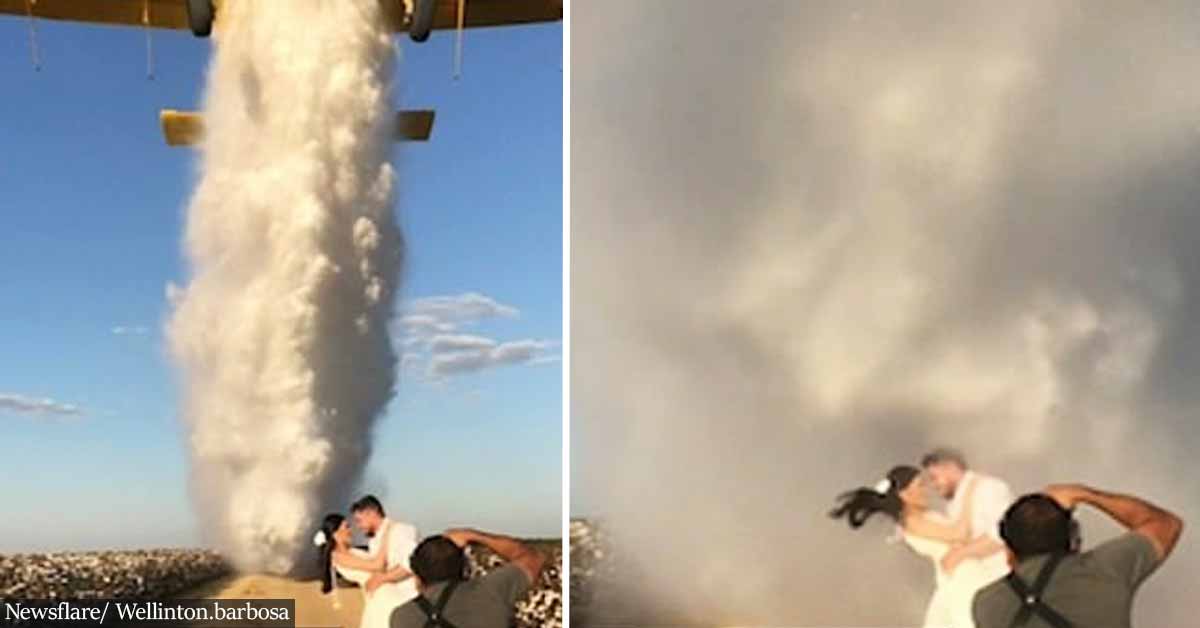Newlyweds soaked after plane released huge column of water onto them during wedding photoshoot