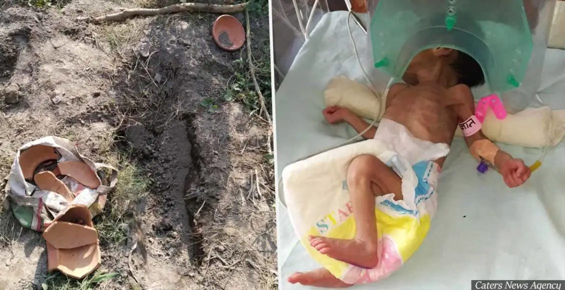 Heartbroken couple digging a grave for their dead newborn discover another baby buried alive in a clay pot
