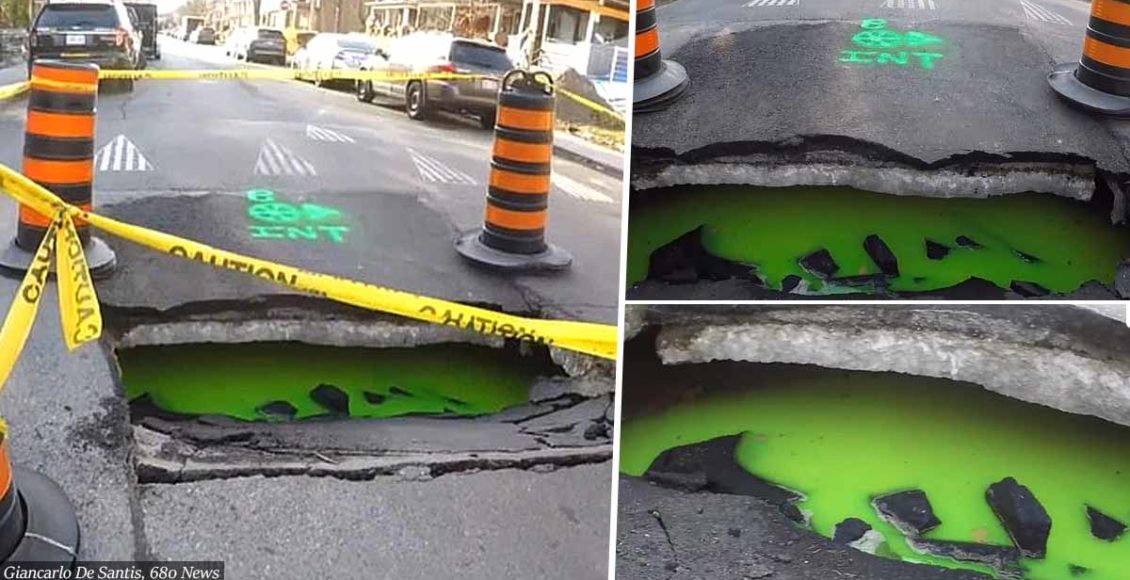 Massive sinkhole with glowing green liquid is found on Toronto street