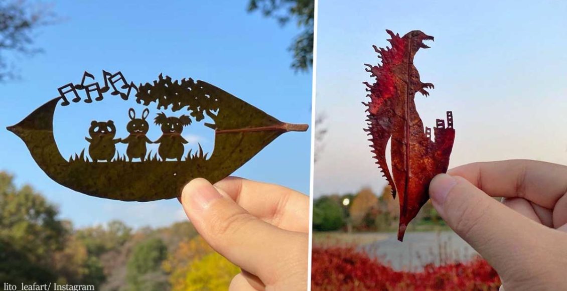 Japanese artist uses tiny leaves to create whimsical worlds and scenes