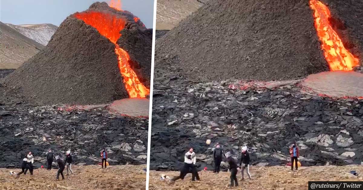 VIDEO: Friends casually play volleyball near erupting volcano