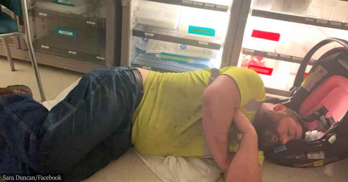 Dad sleeping on hospital floor while wife and baby are inside ER sparks crucial discussions about equal parenting