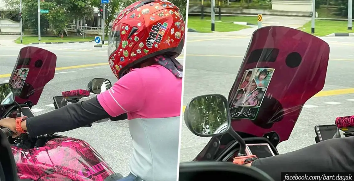 Delivery driver has photos of his kids on his motorcycle to remind him who he's doing it for