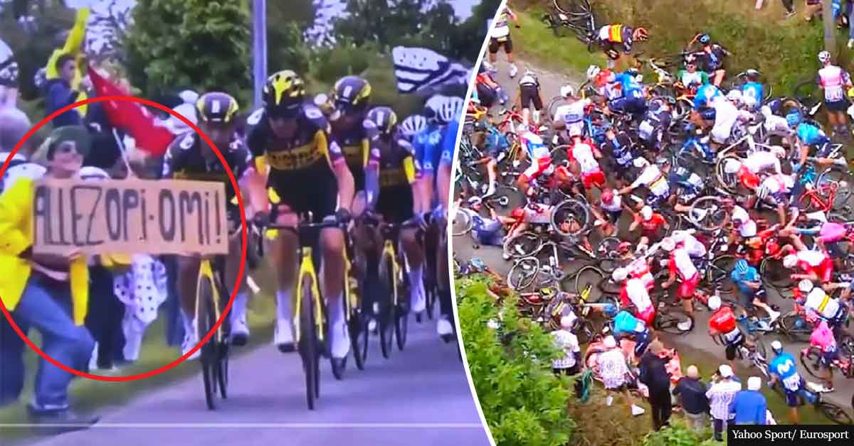 Tour De France Bike Crash / Fan holding sign causes huge crash during ...