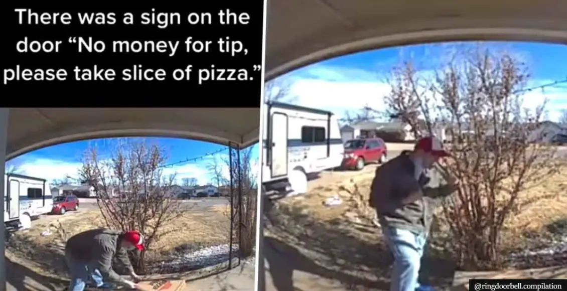 Delivery man grabs pizza slice from box as customer has "No money for tip"