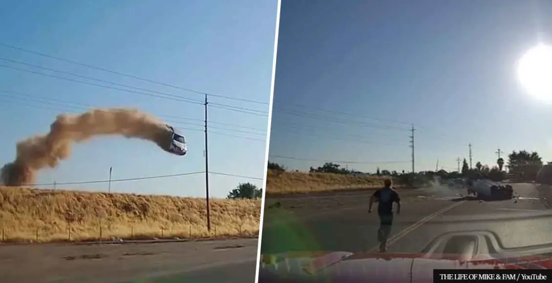 VIDEO: Smoking car flies through the air and smashes down a CA highway; Driver SURVIVES