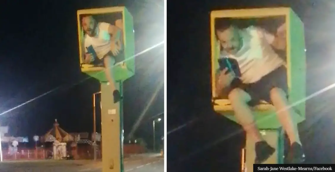 Prankster climbs into speed camera and flashes cars with his phone