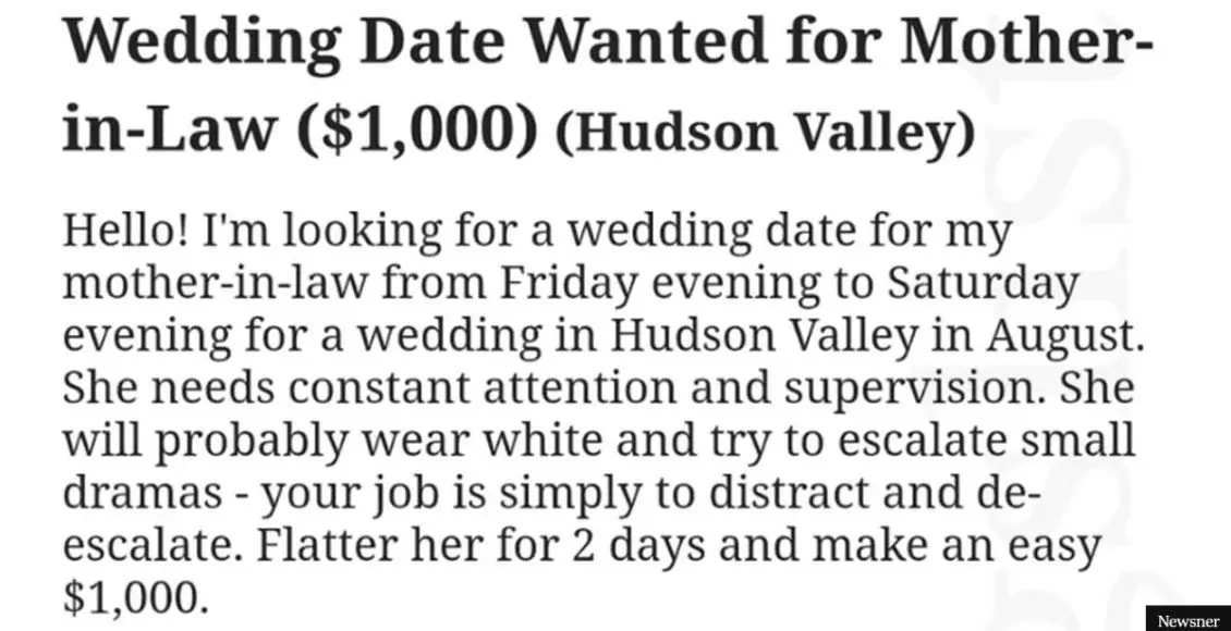 Ad offers $1000 to anyone who would be MIL's wedding date