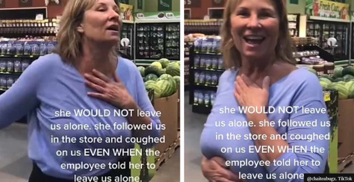 Maskless woman COUGHS deliberately right in the face of grocery store customer