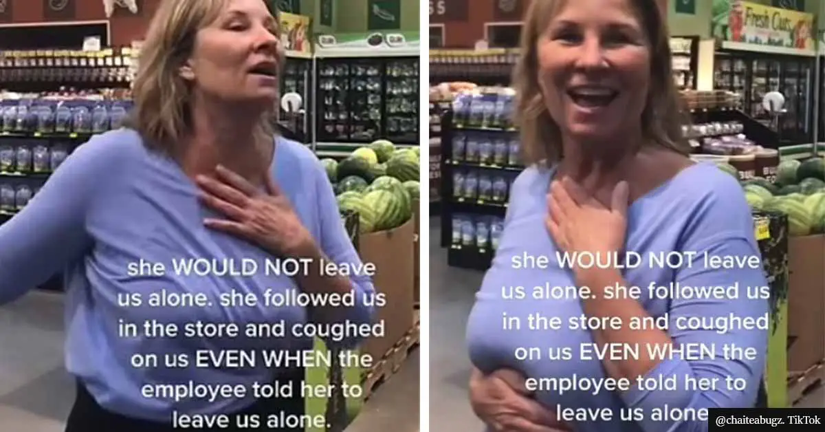 Maskless woman COUGHS deliberately right in the face of grocery store customer