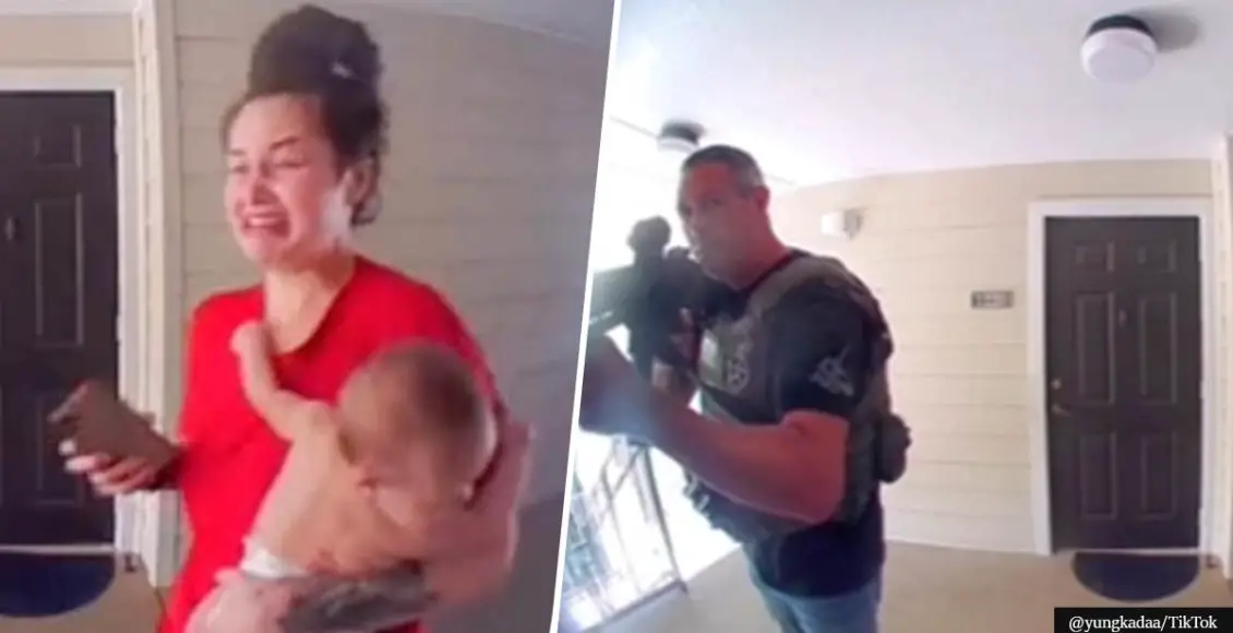 Doorbell cam shows officers storming the WRONG home holding mom and newborn at gunpoint