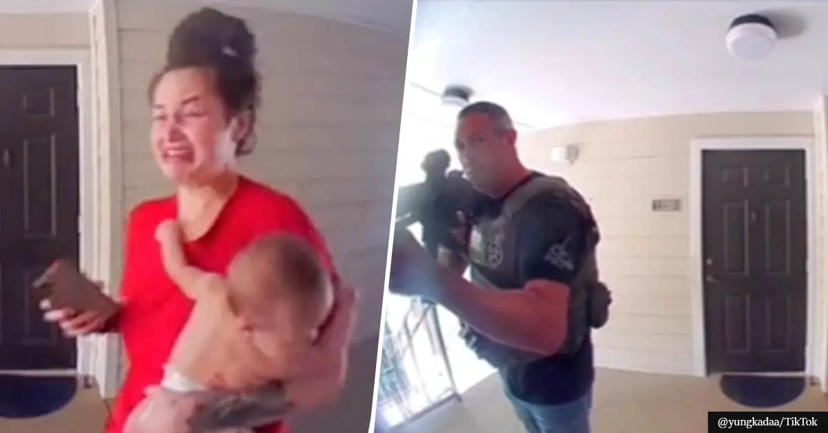 Doorbell cam shows officers storming the WRONG home holding mom and newborn at gunpoint