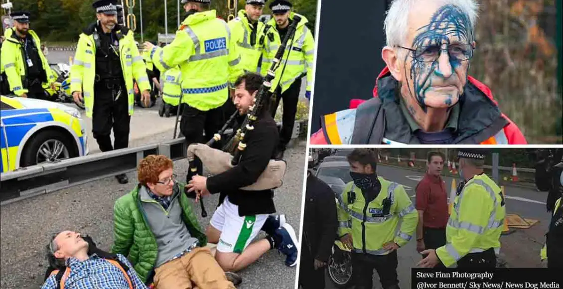 Fed-Up Citizens Spray Ink And Play The Bagpipes In The Faces Of Climate Change Activists For Blocking The Roads