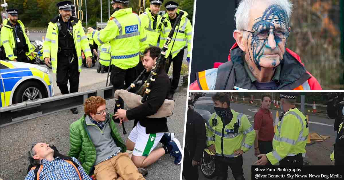 Fed-Up Citizens Spray Ink And Play The Bagpipes In The Faces Of Climate Change Activists For Blocking The Roads